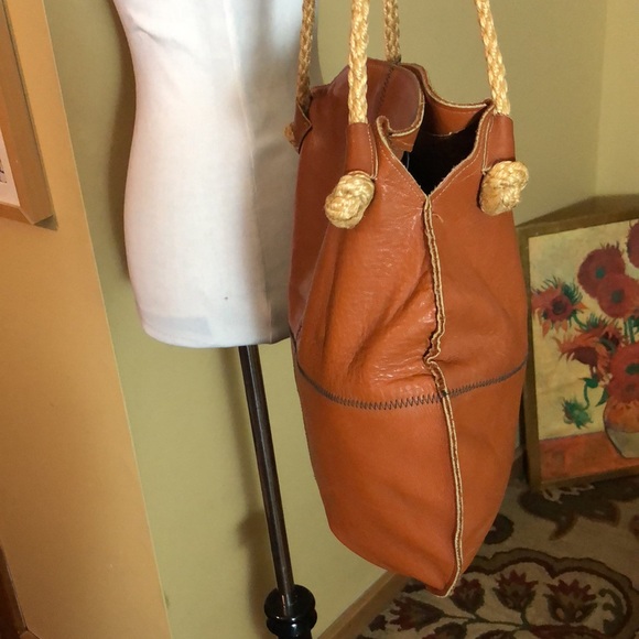 Vintage 70s Genuine 100% Leather Honey-Brown Dual-Rope Handle Round Bag GROOVY - Picture 3 of 16
